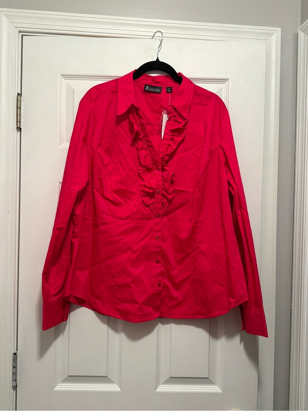 New York & Company Hot Pink Ruffle-Front Button Down Blouse